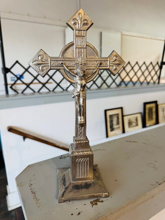 Vintage Silver-Tone LANCO Standing Crucifix with INRI Plaque and Fleur-de-Lis Ends