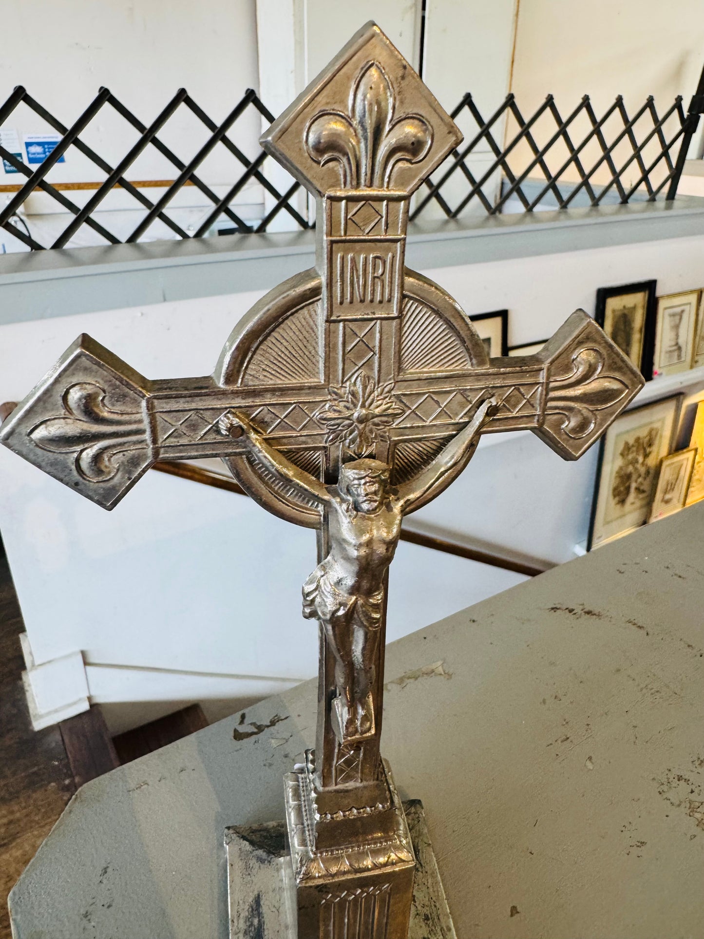 Vintage Silver-Tone LANCO Standing Crucifix with INRI Plaque and Fleur-de-Lis Ends