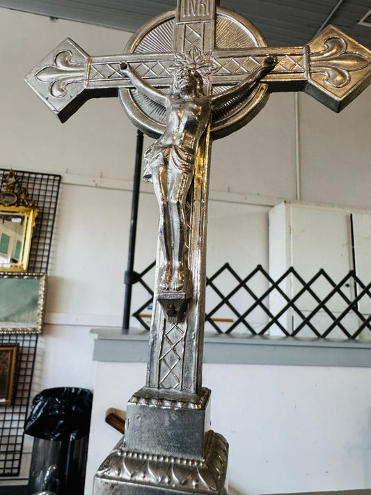 Vintage Silver-Tone LANCO Standing Crucifix with INRI Plaque and Fleur-de-Lis Ends