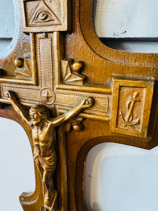 Vintage Wooden Crucifix Wall Plaque – Carved Symbols of Faith, Eye of Providence, Anchor & Sacred Heart – Religious Christian Wall Cross