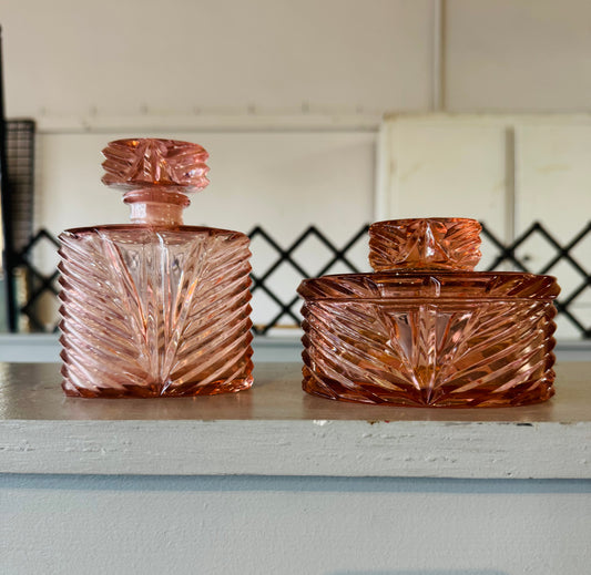 Vintage French Pink Depression Glass Vanity Set | Art Deco Perfume Bottle & Powder Jar