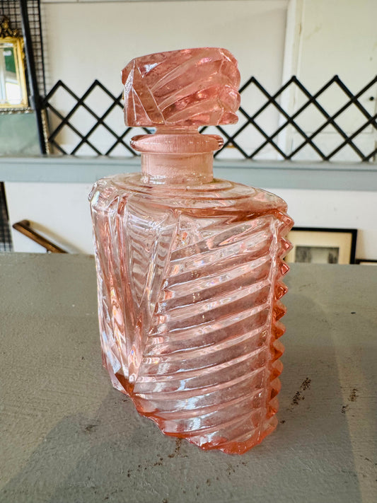 Vintage French Pink Depression Glass Vanity Set | Art Deco Perfume Bottle & Powder Jar