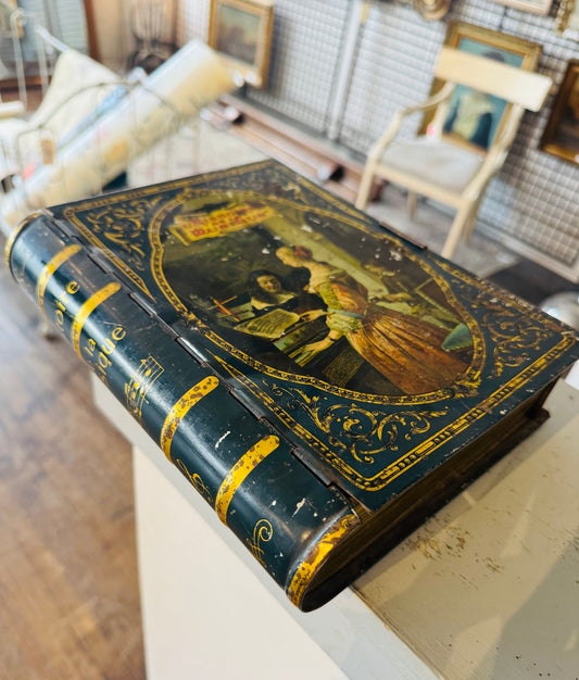 Antique “Histoire de la Musique” Book-Shaped Metal Box – French Tin Litho Jewelry or Document Box – Ornate Gold Interior