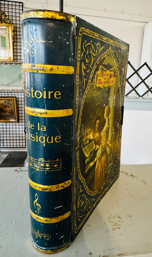 Antique “Histoire de la Musique” Book-Shaped Metal Box – French Tin Litho Jewelry or Document Box – Ornate Gold Interior