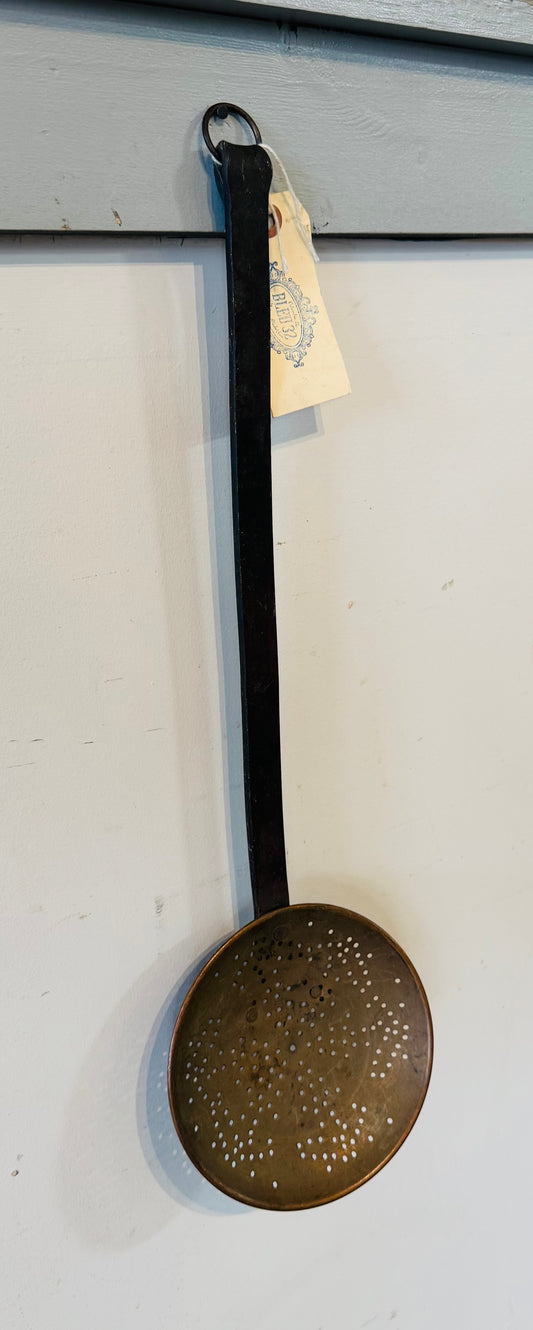 Antique 1800s Copper Skimmer with Forged Iron Handle | Primitive Kitchen Utensil | Rustic French Farmhouse Decor