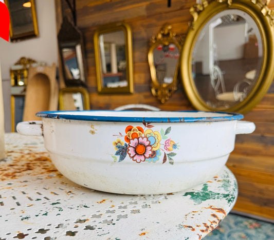 Vintage Belgian Enamel Wash Basin – White with Blue Rim & Colorful Floral Design – Farmhouse Rustic Décor