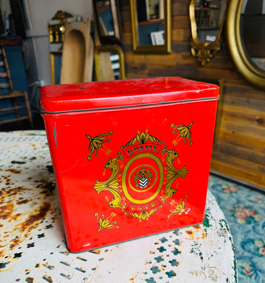 Vintage Belgian Red Koffie Café Tin – Decorative Coffee Storage Canister with Gold Crest Design