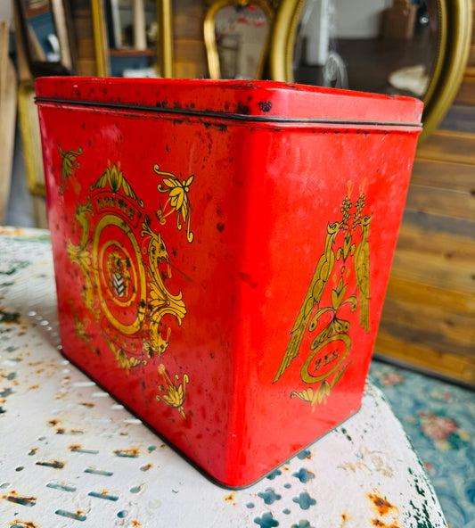 Vintage Belgian Red Koffie Café Tin – Decorative Coffee Storage Canister with Gold Crest Design