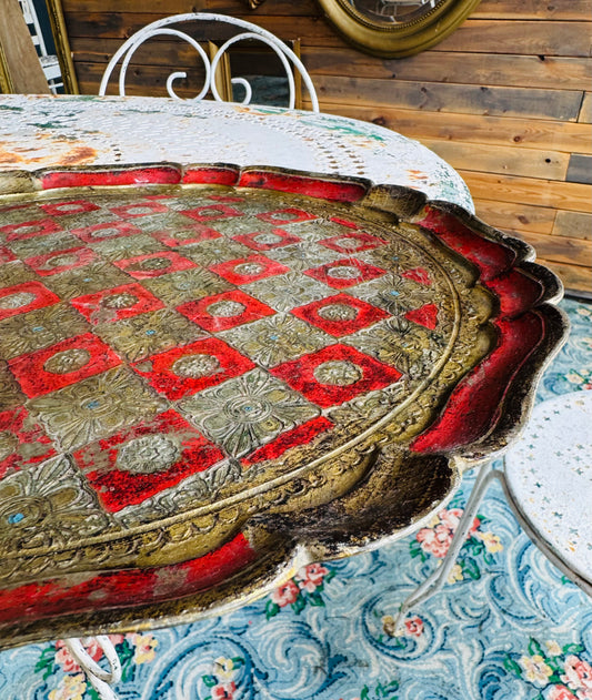 Vintage Italian Florentine Toleware Tray – Red & Gold Checkered Floral Design – Decorative Serving or Display Piece