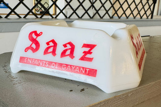Vintage Saaz Beer Ashtray – White Glass with Red Lettering – French Bistro Barware
