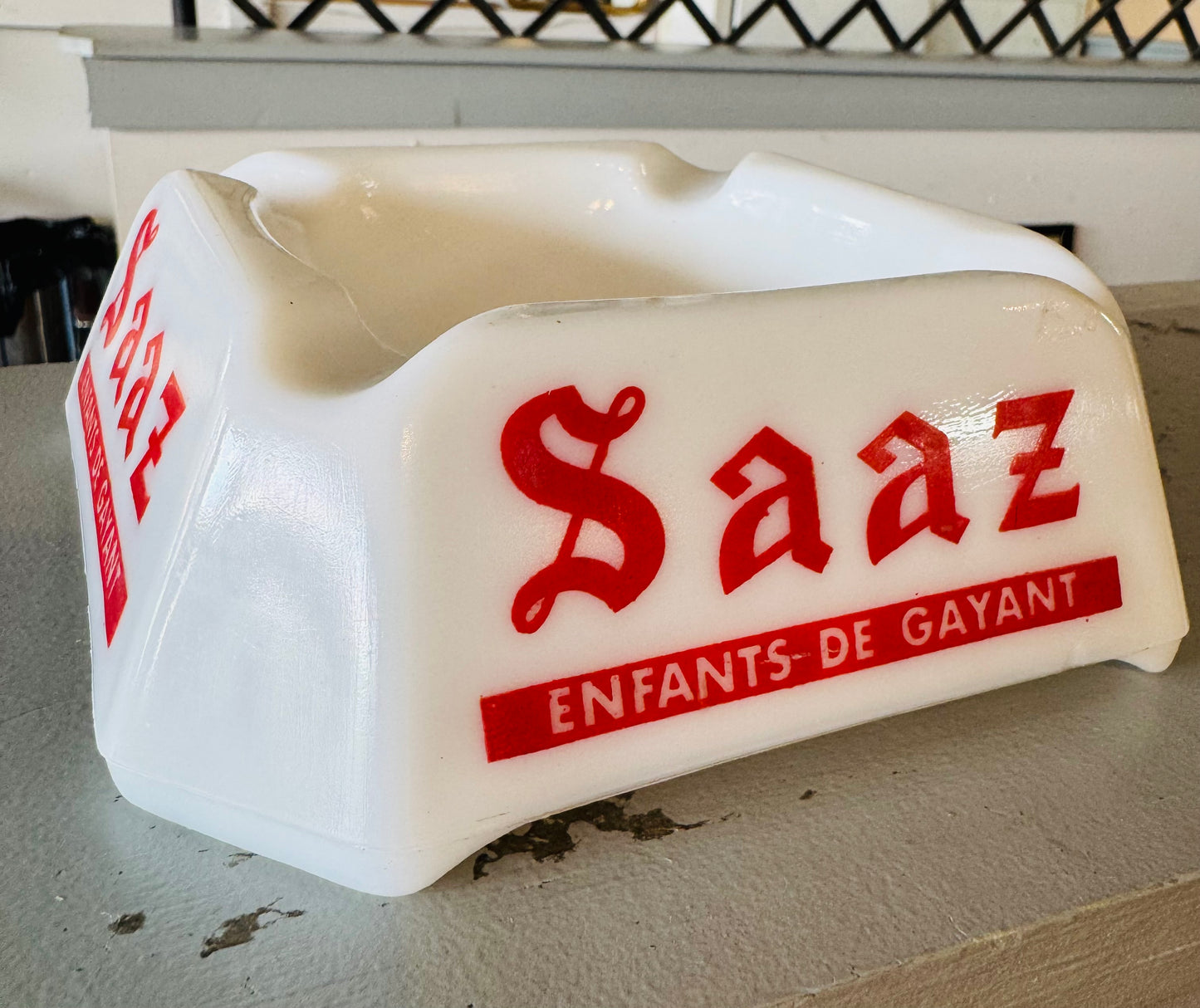 Vintage Saaz Beer Ashtray – White Glass with Red Lettering – French Bistro Barware