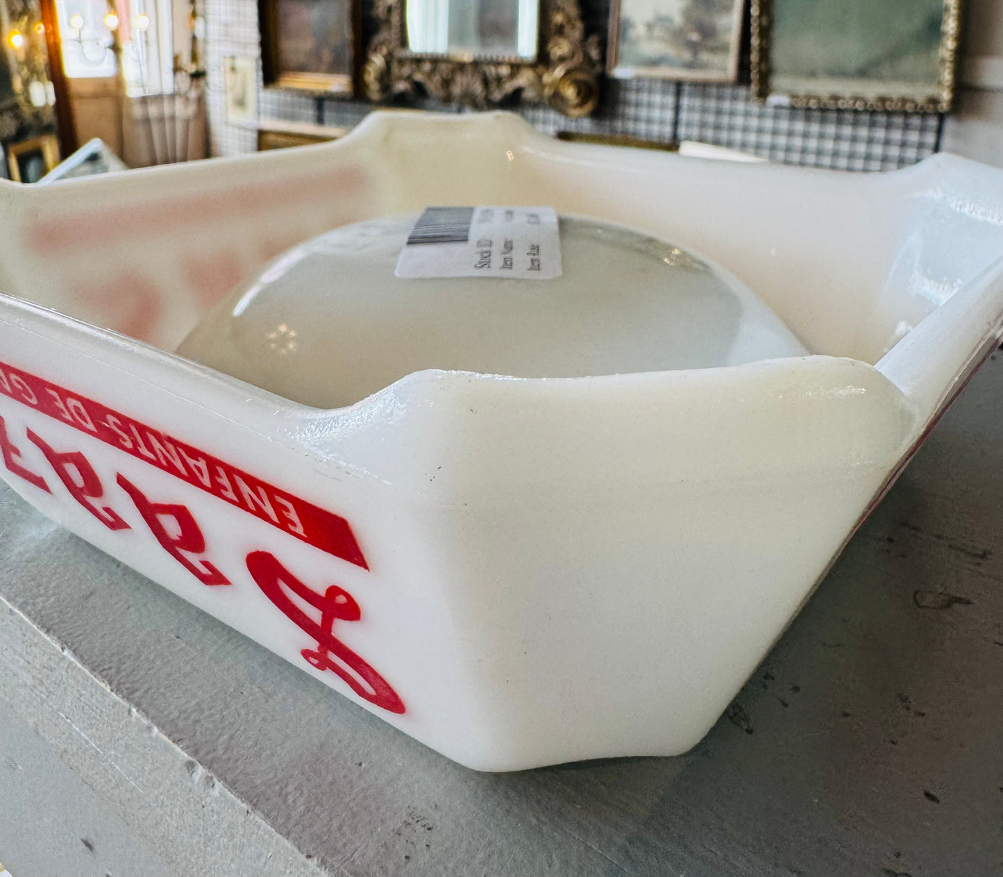 Vintage Saaz Beer Ashtray – White Glass with Red Lettering – French Bistro Barware