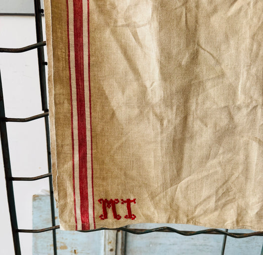Antique French Linen Grain Sack – Red Stripe & Monogram “MT” – Farmhouse Rustic Décor