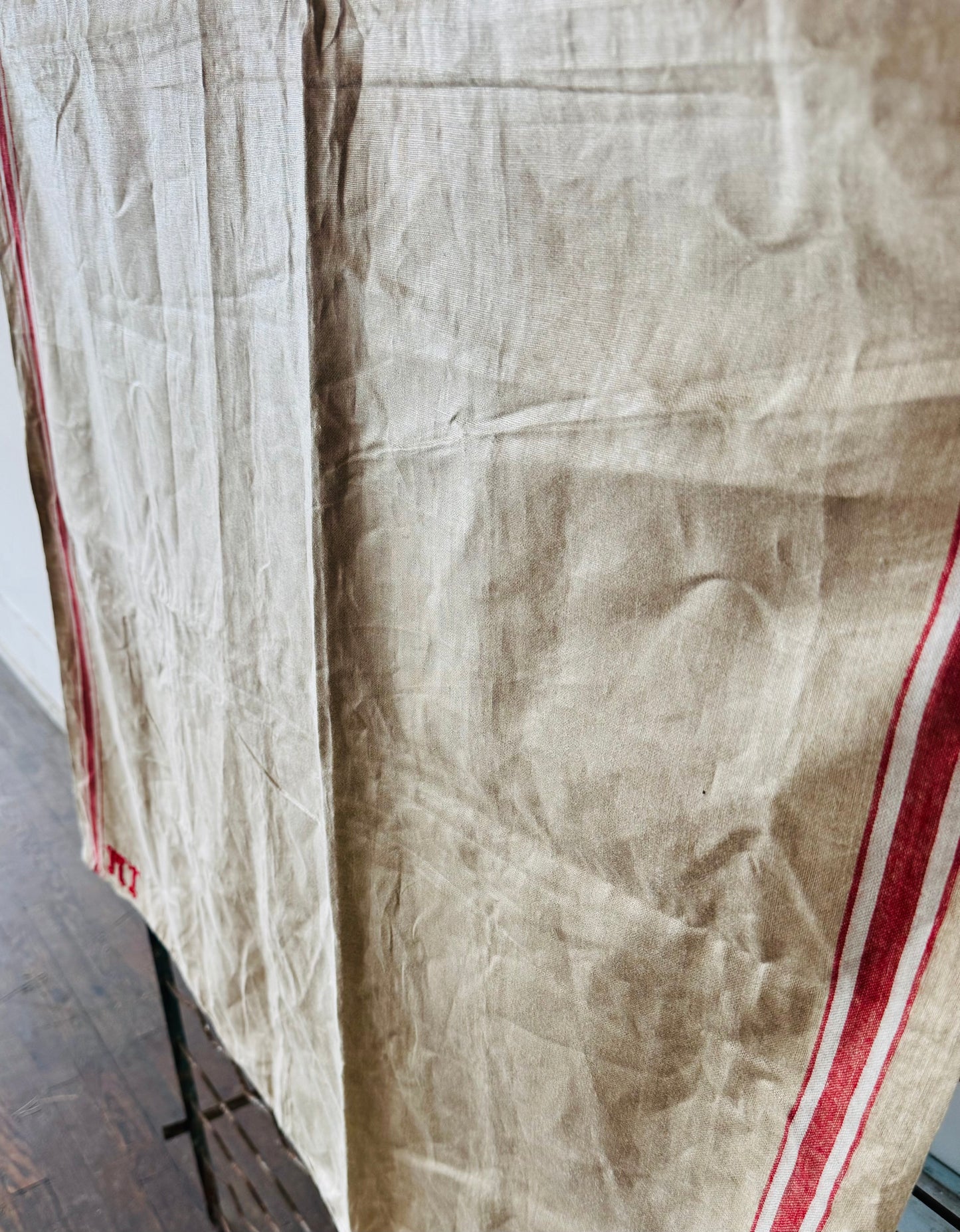 Antique French Linen Grain Sack – Red Stripe & Monogram “MT” – Farmhouse Rustic Décor