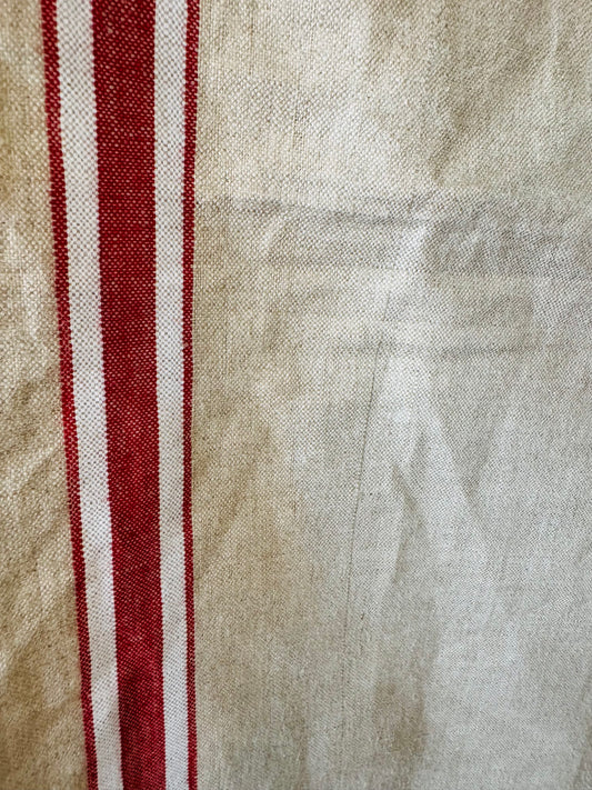 Antique French Linen Grain Sack – Red Stripe & Monogram “MT” – Farmhouse Rustic Décor