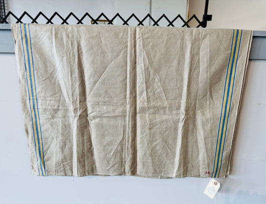 Antique French Linen Grain Sack – Blue & Yellow Stripes with “G.B.” Monogram – Farmhouse Rustic Fabric