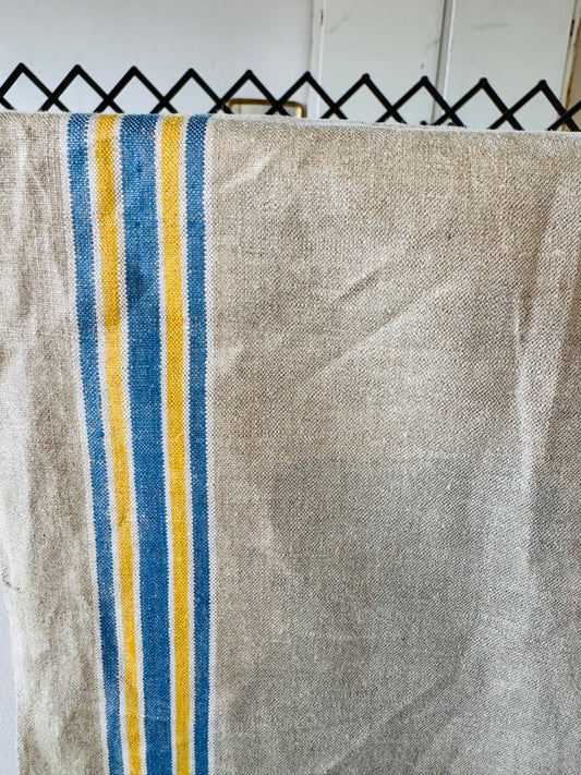 Antique French Linen Grain Sack – Blue & Yellow Stripes with “G.B.” Monogram – Farmhouse Rustic Fabric