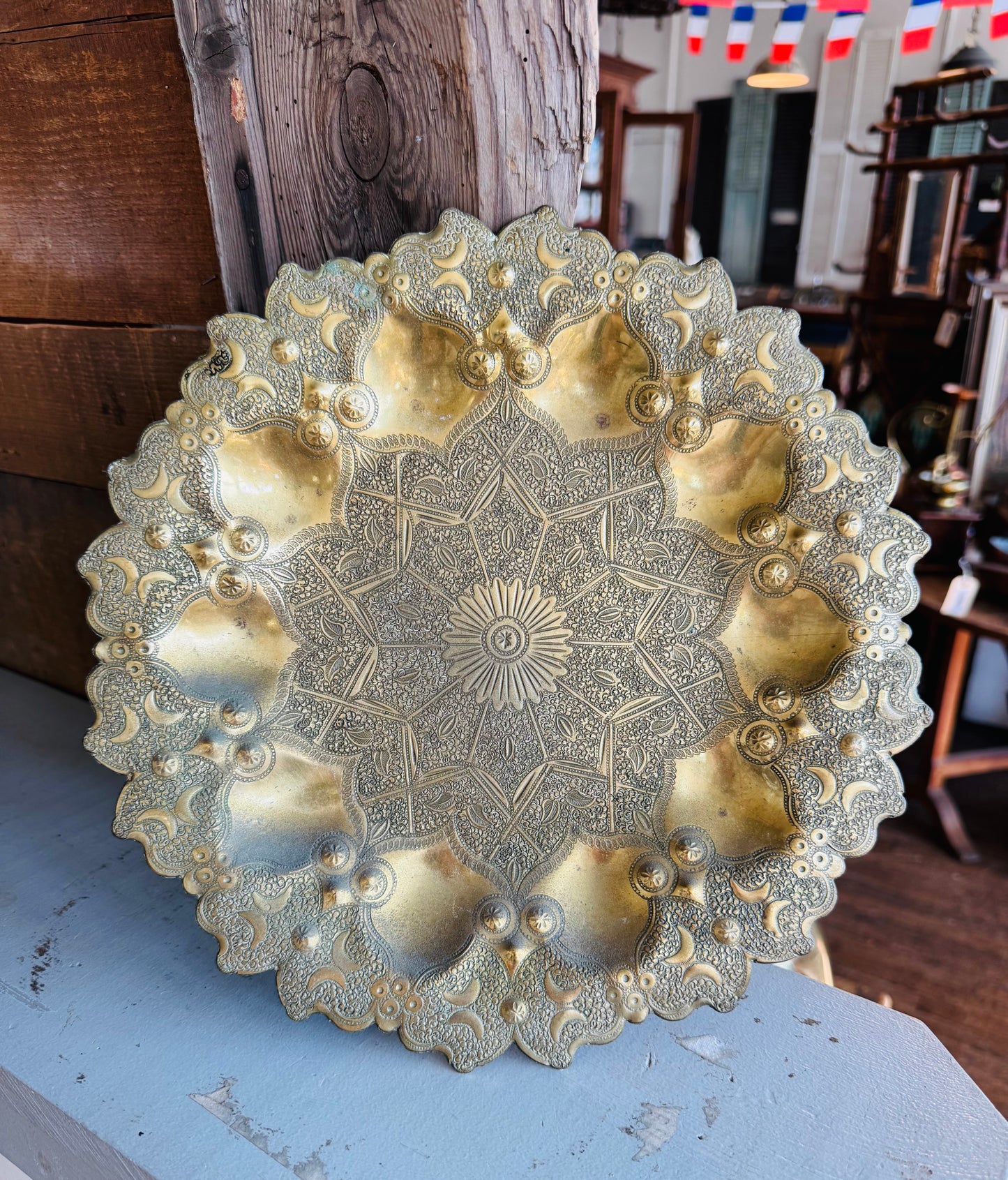 Vintage French Hand-Hammered Brass Wall Plate