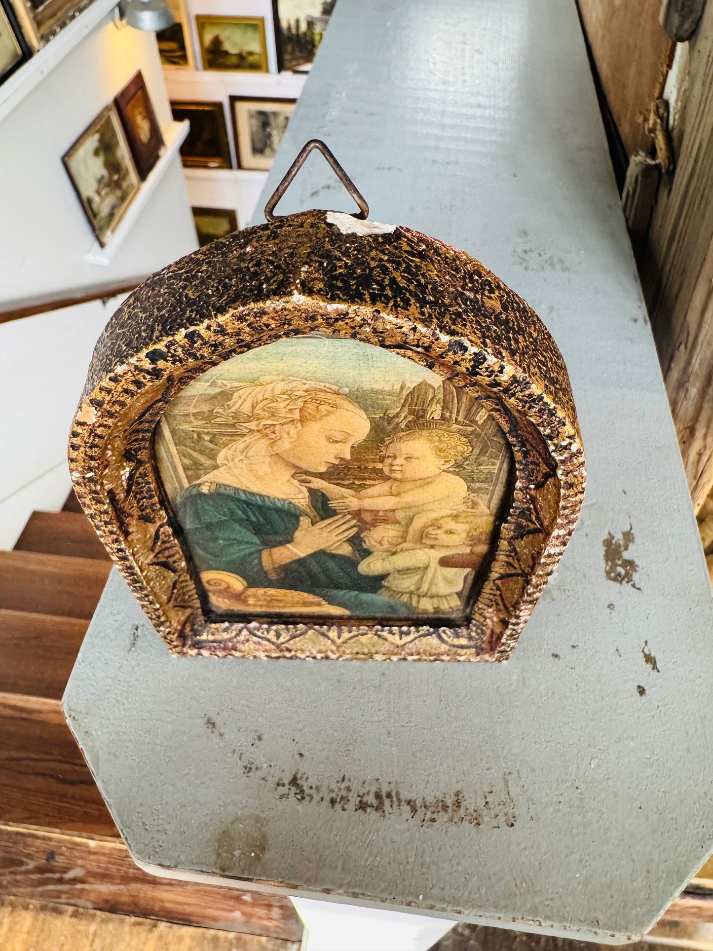 Vintage French Madonna & Child Icon in Arched Gilt Frame