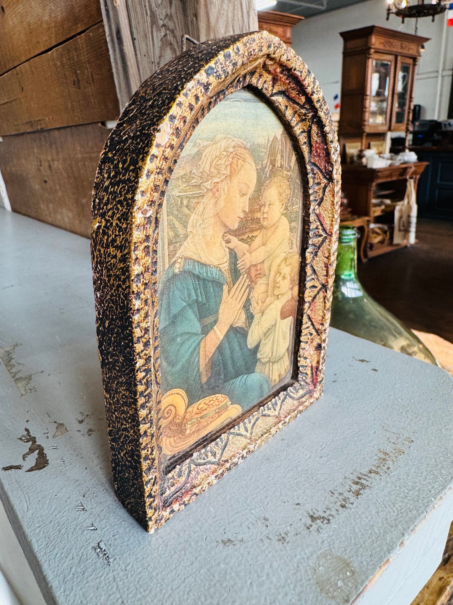 Vintage French Madonna & Child Icon in Arched Gilt Frame