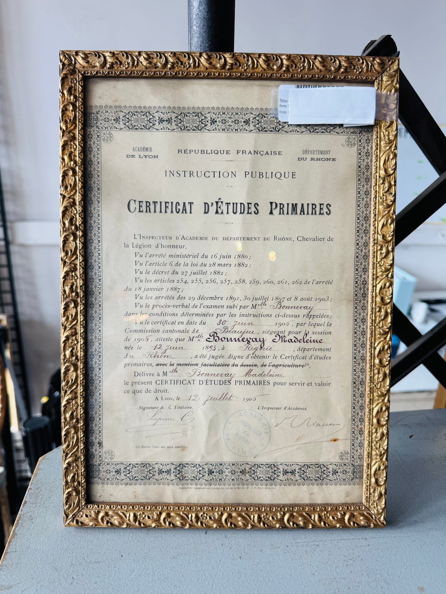 Antique 1906 French Certificate in Ornate Gilt Frame