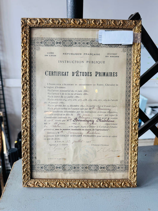 Antique 1906 French Certificate in Ornate Gilt Frame