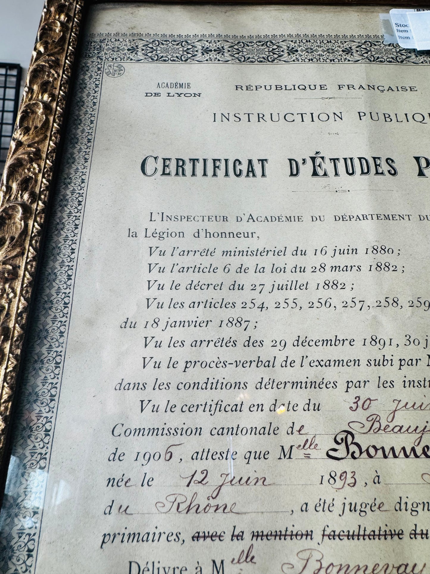 Antique 1906 French Certificate in Ornate Gilt Frame