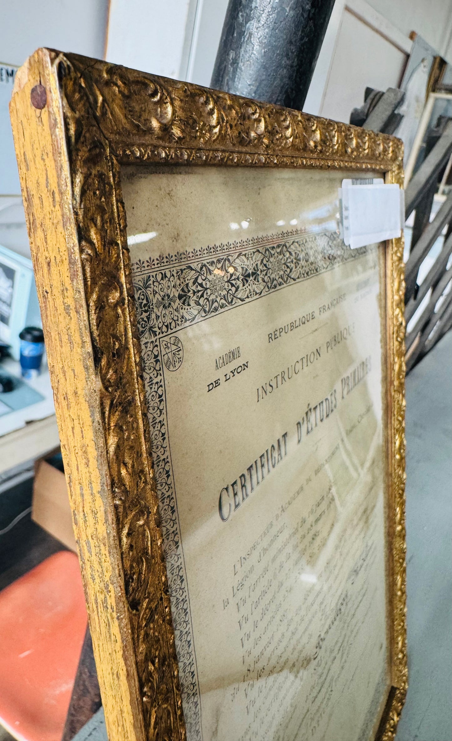 Antique 1906 French Certificate in Ornate Gilt Frame