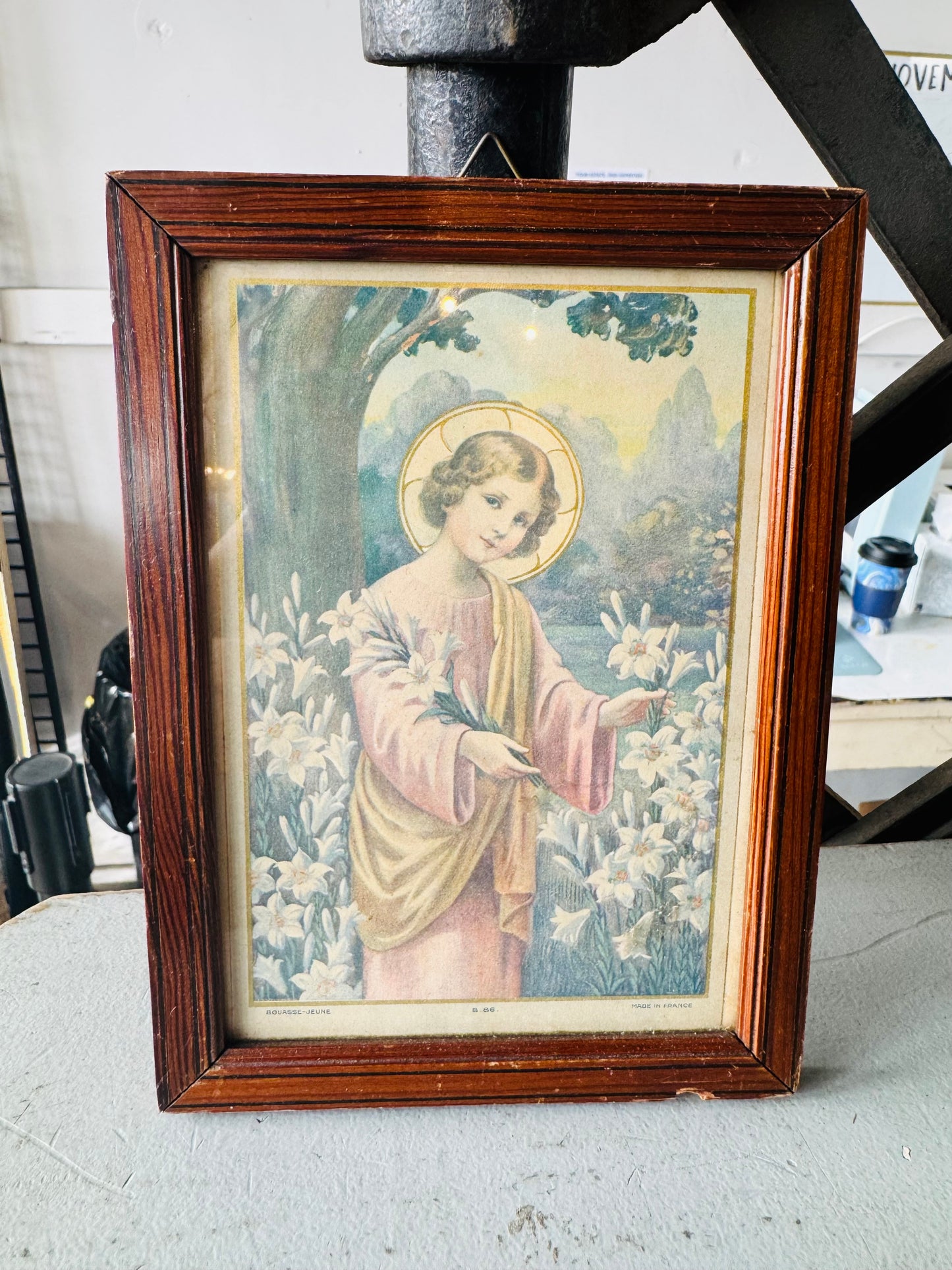 Antique French Religious Print in Wood Frame