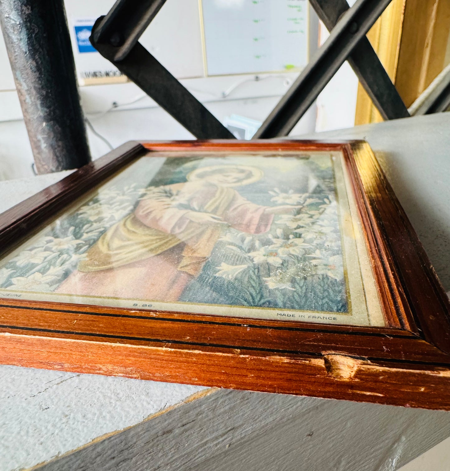 Antique French Religious Print in Wood Frame