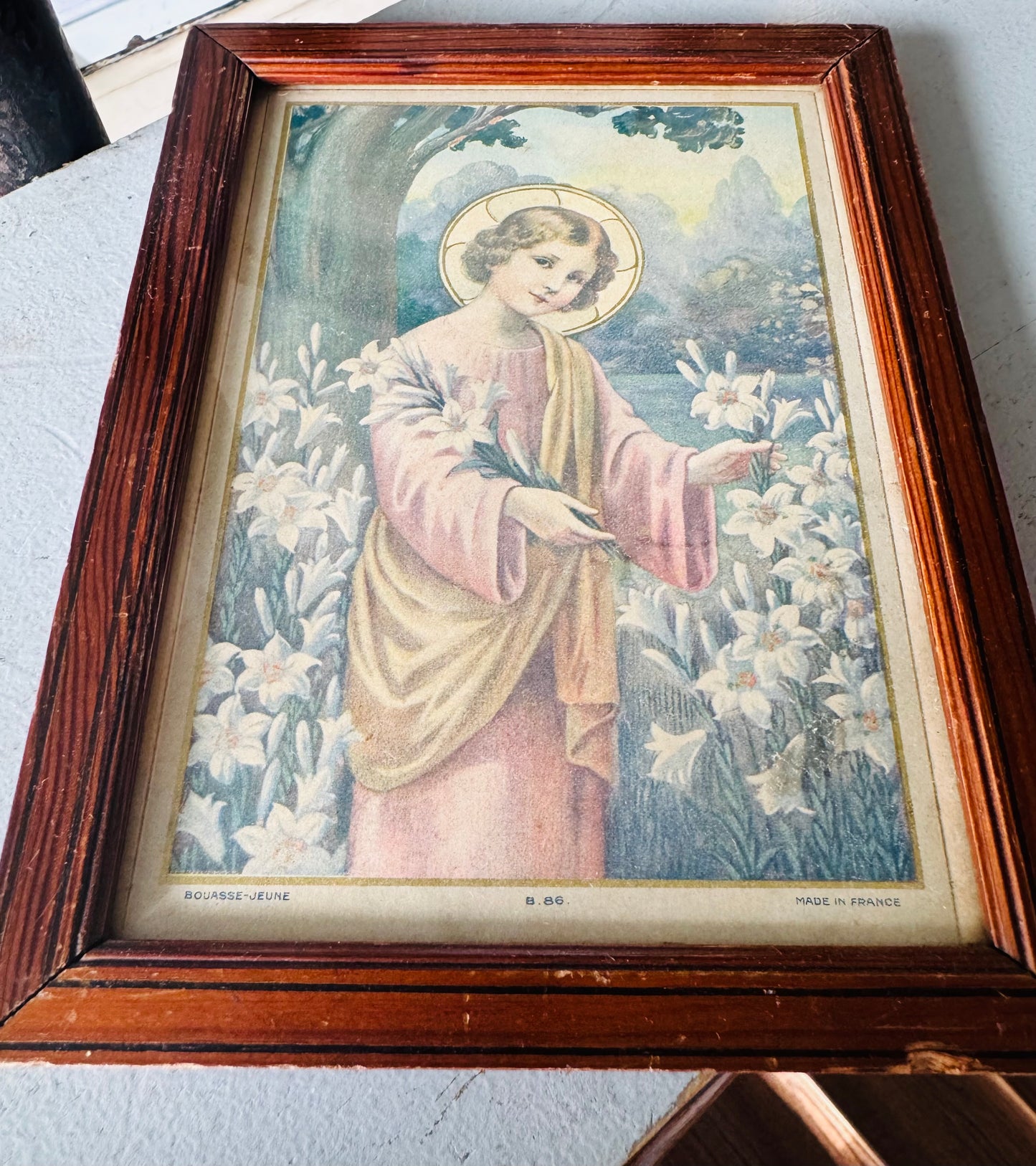 Antique French Religious Print in Wood Frame
