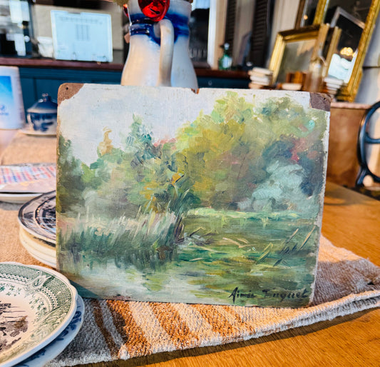 Antique French Hand-Painted Slate Landscape