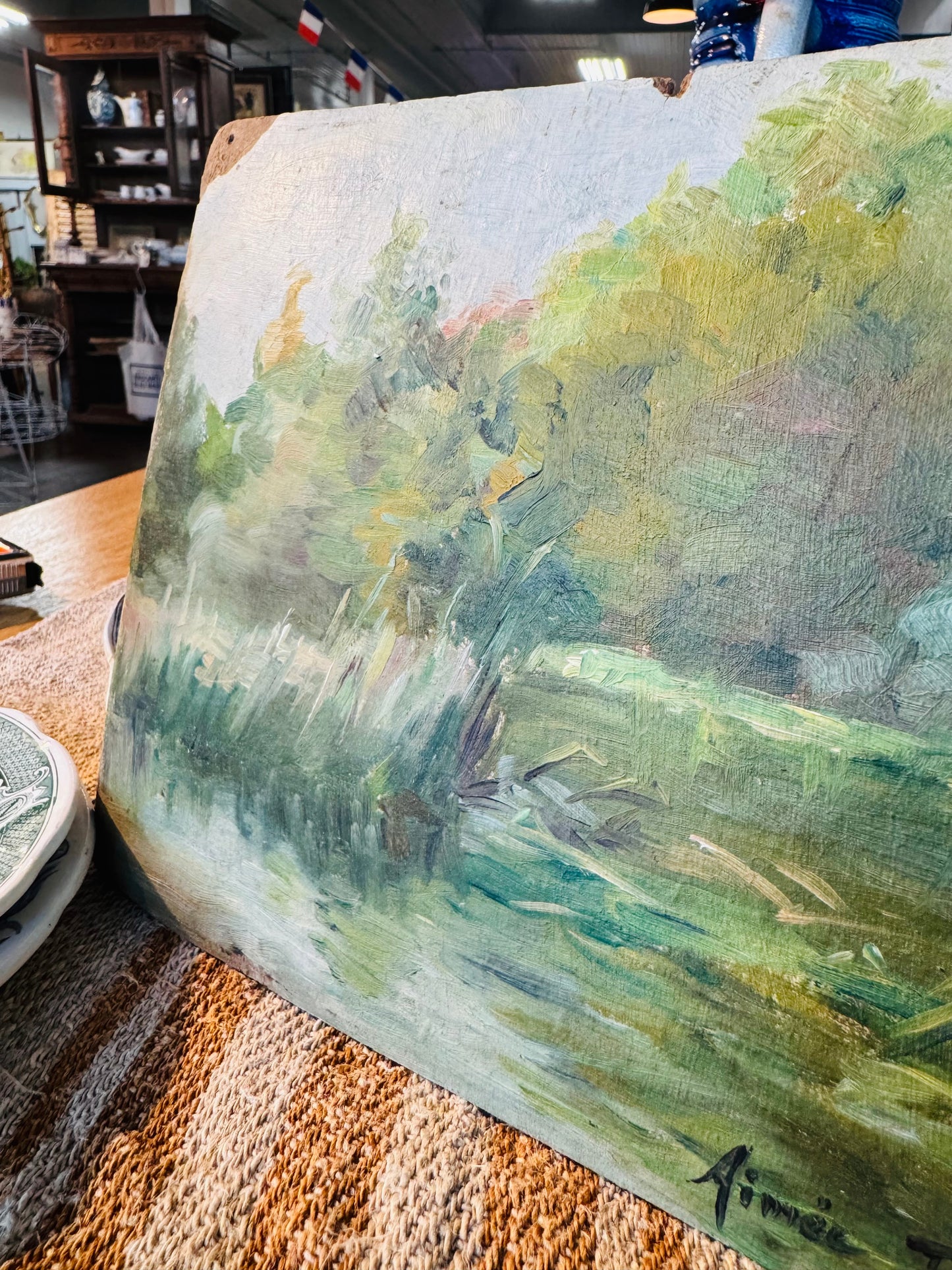 Antique French Hand-Painted Slate Landscape