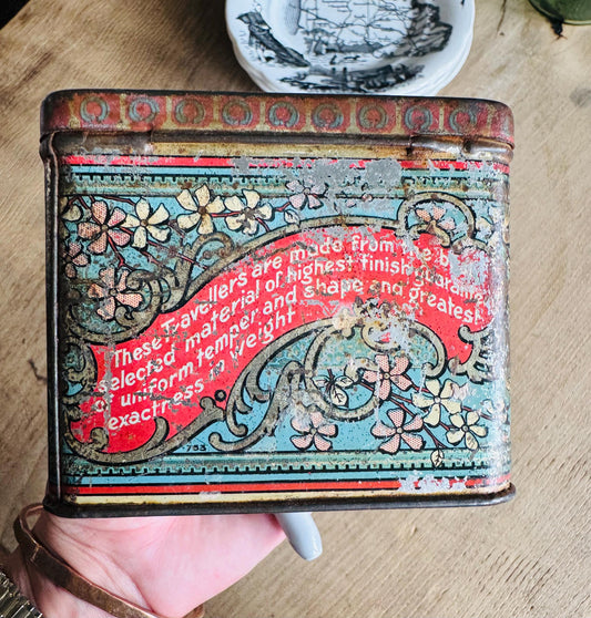 Antique Ring Travellers Tin – Brooks Travellers Manchester – Colorful Floral Industrial Storage Box