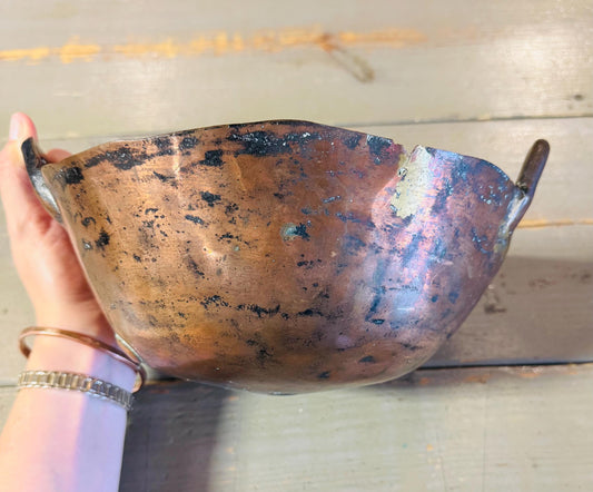 Primitive 1800's Hand-Forged Copper Pan | Antique Kitchen Basin with Handles