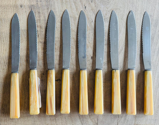 Vintage Bakelite Handle French Steak Knives – Set of 9, Butterscotch Marbled Handles
