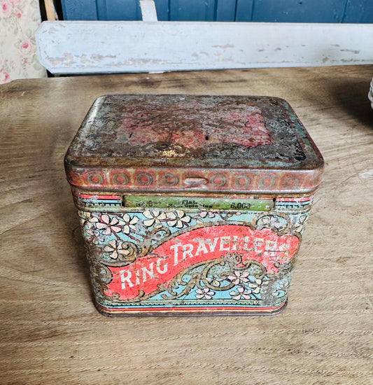 Antique Ring Travellers Tin – Brooks Travellers Manchester – Colorful Floral Industrial Storage Box